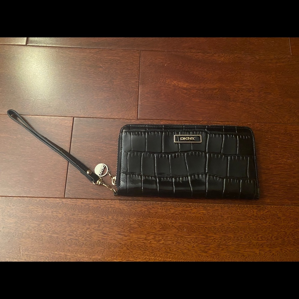 DKNY Black Leather Zip Around Wristlet